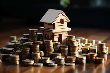 House model and coins on wooden table, real estate investment concept.の素材