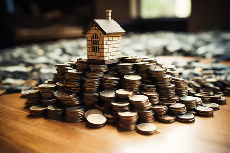 House model on stack of coins. Real estate and investment concept.の素材