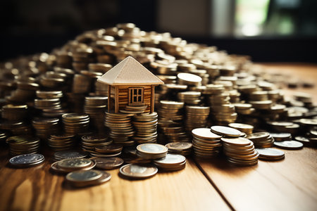 House model and coins stacks on wooden table with filter effect retro vintage styleの素材