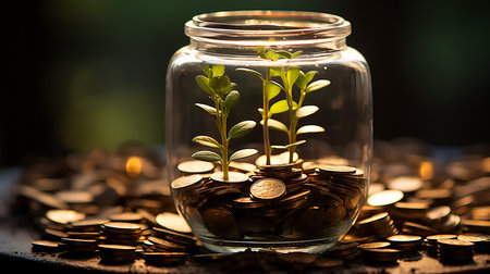 Plant growing Coins in glass jar with investment financial concept and green nature sunlightの素材
