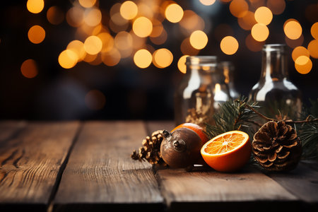Christmas decoration on a wooden background with bokeh lights in the backgroundの素材