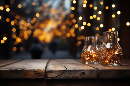 Christmas decoration on wooden table in front of blurred lights bokeh backgroundの素材