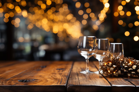 Empty glasses of wine on wooden table in restaurant. Christmas lights bokeh backgroundの素材