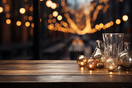 Empty wooden table in front of christmas lights bokeh backgroundの素材