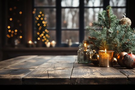 Christmas background with fir branches, candles and decorations on wooden table.の素材