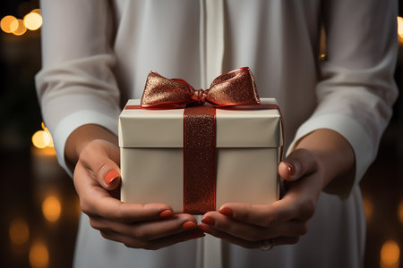 Woman holding gift box on blurred background, closeup. Christmas celebrationの素材