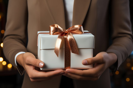 Woman holding gift box on blurred background, closeup. Christmas celebrationの素材