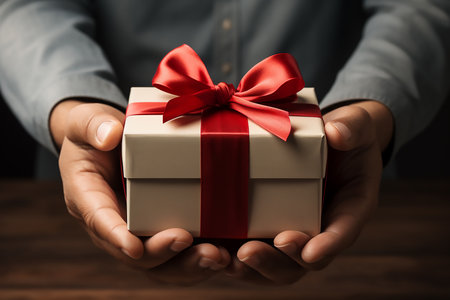 Man holding gift box with red bow on wooden table, closeupの素材