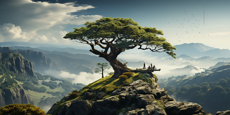 Bonsai tree on the top of the mountain. 3D renderingの素材