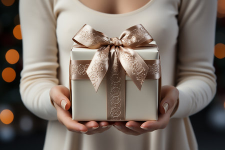 Female hands holding gift box on bokeh background, closeupの素材
