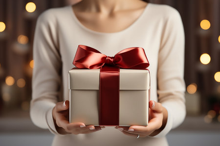 Woman holding gift box on bokeh background, close-upの素材
