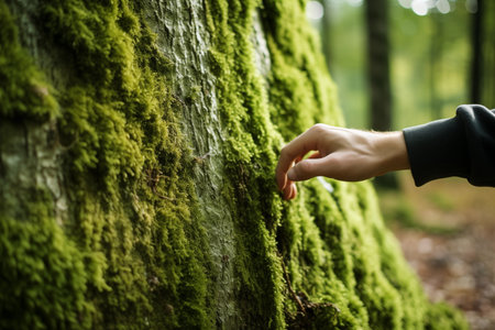 Close up of human hand reaching for a tree in the forest.の素材