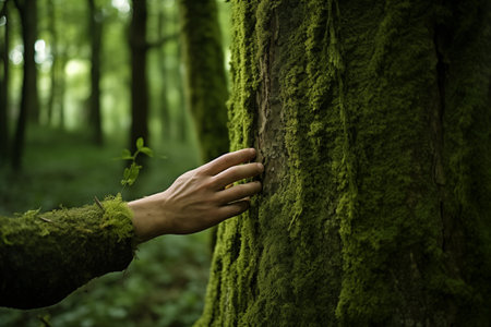 Hands of a man touching a tree in a green forest.の素材
