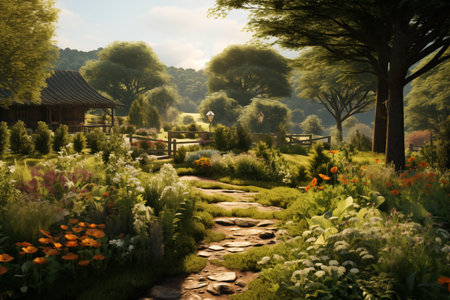 Landscape view of a beautiful garden with trees and flowers in summerの素材