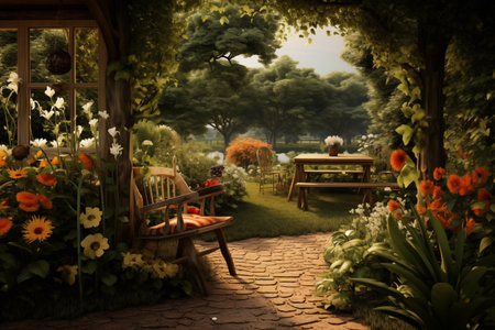 Beautiful garden with chairs and table in vintage style, retro tonedの素材