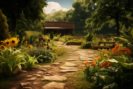 Beautiful garden with sunflowers and wooden house in the backgroundの素材