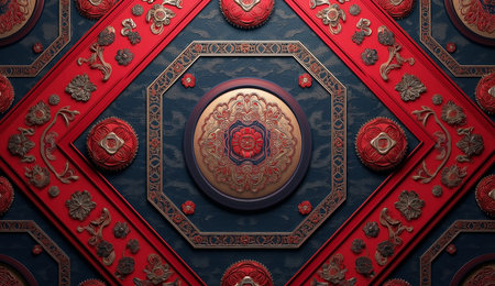 red metal plate on blue wall with ornament. 3d render illustrationの素材