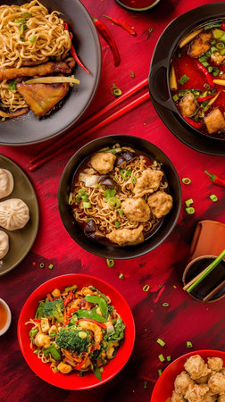 Assorted Chinese noodle food set dishes on a red cloth table. Asian food, top view, red backgroundの素材