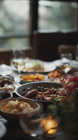 Traditional Turkish and Greek dinner appetizer table with meat, vegetables and wineの素材