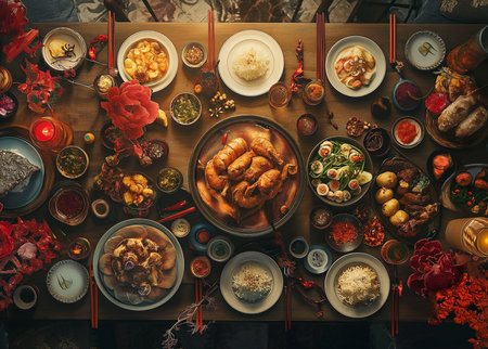 Traditional Turkish and Greek dinner appetizer table with croissants and meat, top viewの素材