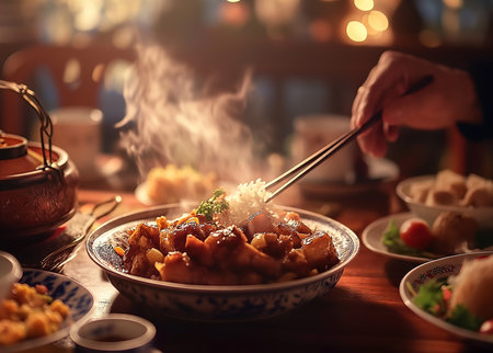 Chinese cuisine on the table, closeup of hands with chopsticksの素材
