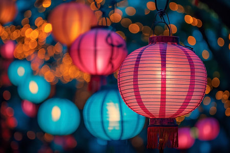 Colorful paper lanterns with bokeh background, Thailand.の素材