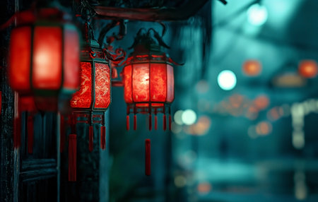 Chinese lanterns in the street at night. Selective focus.の素材