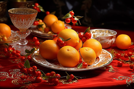 Oranges and berries on the table in the oriental style.の素材