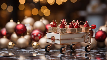 Christmas toy shopping cart with red and golden balls on bokeh backgroundの素材