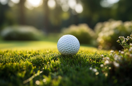 Golf ball on green grass ready to be shot into the holeの素材