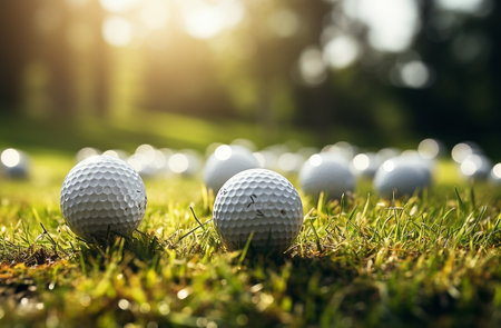 Golf ball on green grass with bokeh sun light backgroundの素材