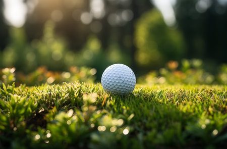 Golf ball on green grass with bokeh light background.の素材