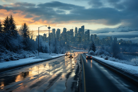 Winter highway. Snowfall in city traffic jam in winter, background seasonal snow highway roadの素材