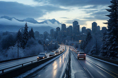 Winter highway. Snowfall in city traffic jam in winter, background seasonal snow highway roadの素材