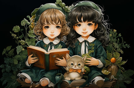 A cartoon with children, holding books on top of one another. Education Day,Teachers Dayの素材