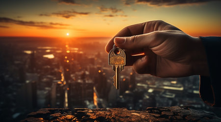 Close up of hand holding key with blurred city background. Real estate conceptの素材
