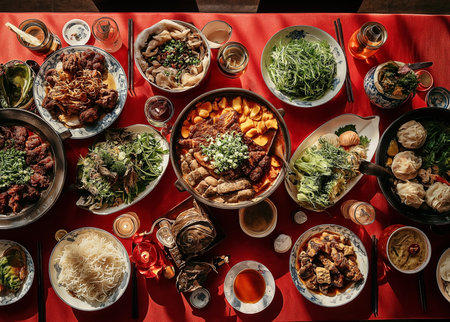 top view of delicious chinese food served on table with glass of wineの素材