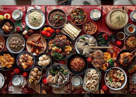 Traditional chinese dishes on a table in a restaurant, top viewの素材