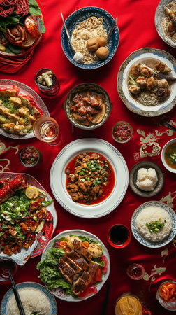 Traditional Chinese New Year dishes on a red tablecloth, top viewの素材
