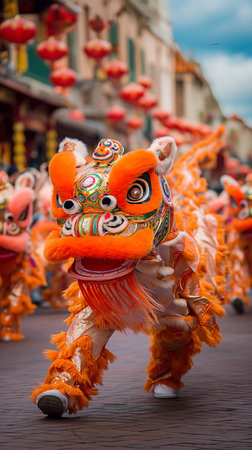 chinese lion dance at the chinese lunar new year parade in chengdu,chinaの素材