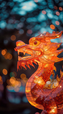 Dragon statue with colorful bokeh background, closeup of photoの素材