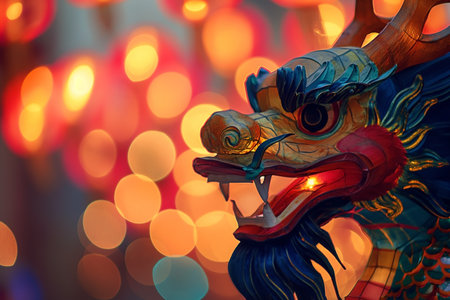 Chinese dragon statue with bokeh background, Chinese New Year.の素材