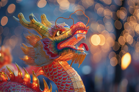 Chinese dragon statue with bokeh background, closeup of photoの素材