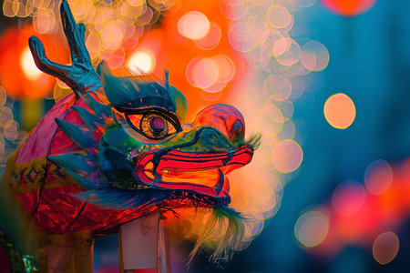 Colorful chinese dragon statue with bokeh background, Thailand.の素材