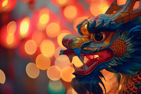 Colorful dragon statue with bokeh background, china.の素材