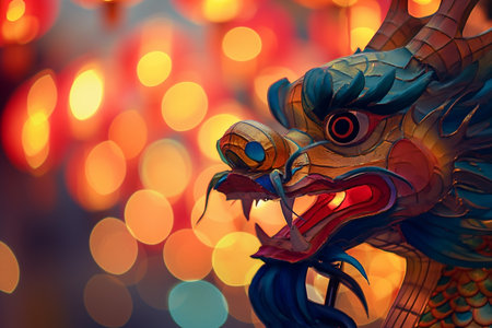 Chinese dragon statue on colorful bokeh background, close up.の素材