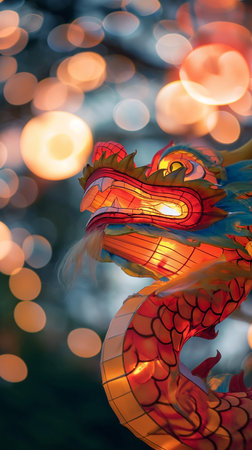 Colorful chinese dragon on bokeh background, thailandの素材