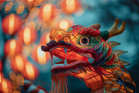 Chinese dragon lanterns during Chinese New Year celebration, close-upの素材