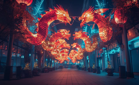 A big holiday decoration in the street. Traditional celebration chinese new year landscapeの素材