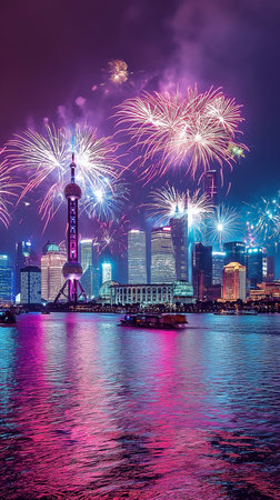 Shanghai skyline with Huangpu river and fireworks, China.の素材